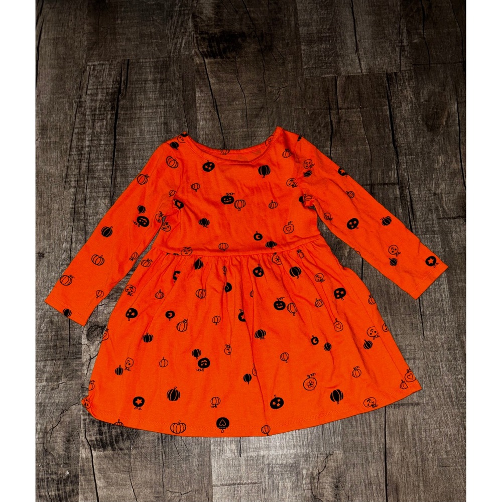 Cat & Jack Toddler Girls Orange Pumpkin Halloween Long Sleeve Knit Dress 2T